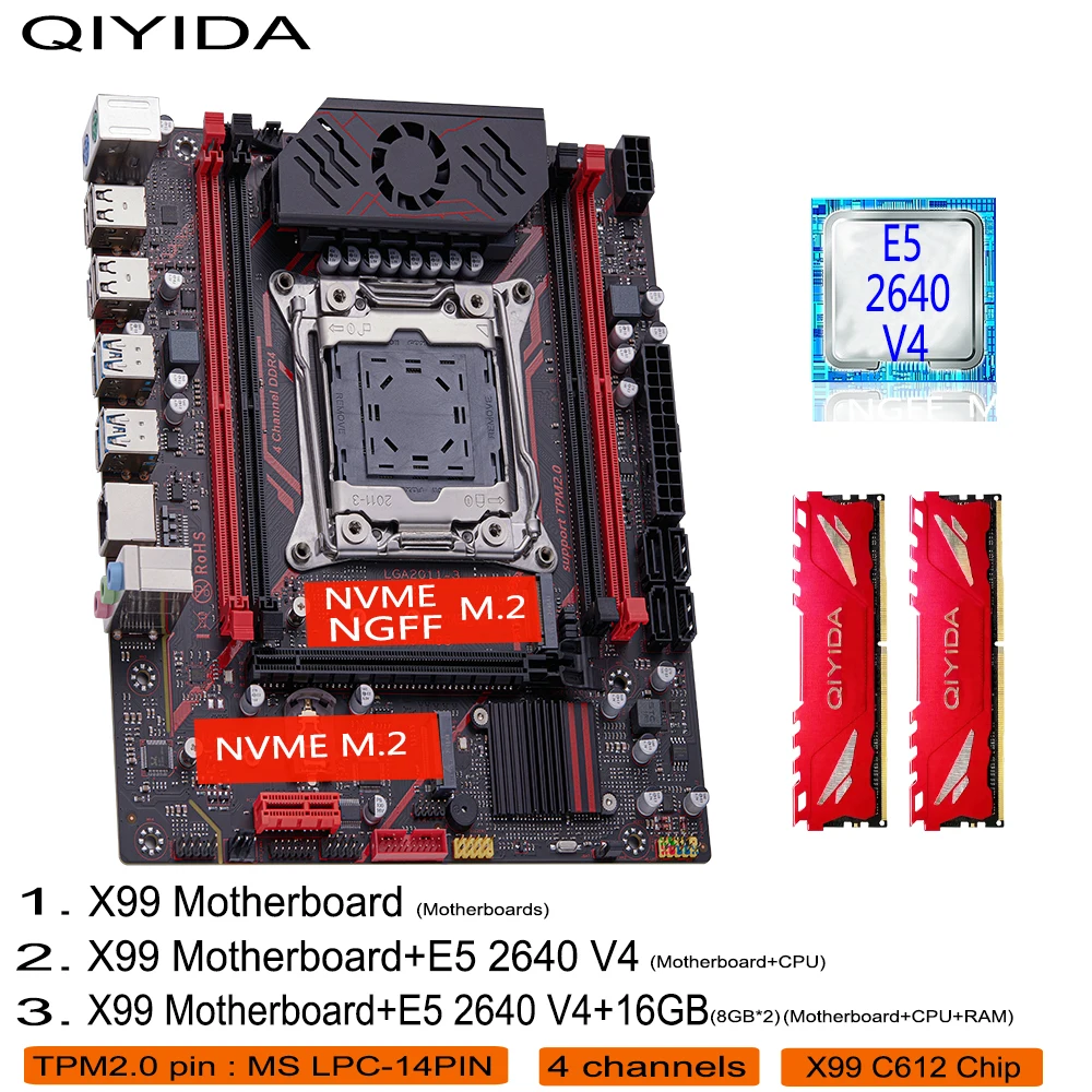 

Комплект материнской платы QIYIDA X99 с процессором LGA2011-3 Xeon E5 2640 V4 DDR4 16 ГБ (8G * 2) 4 канала памяти PCI 16x NVME M.2 SATA3 H9S