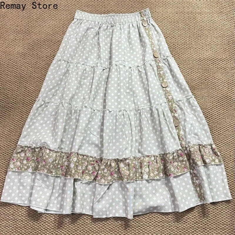 Retro Mori Elastic Waist Polka Dot Floral Skirt Women Five Button Ruffled Layered Vintage Korean Fashion Y2k Daily Casual Skirts