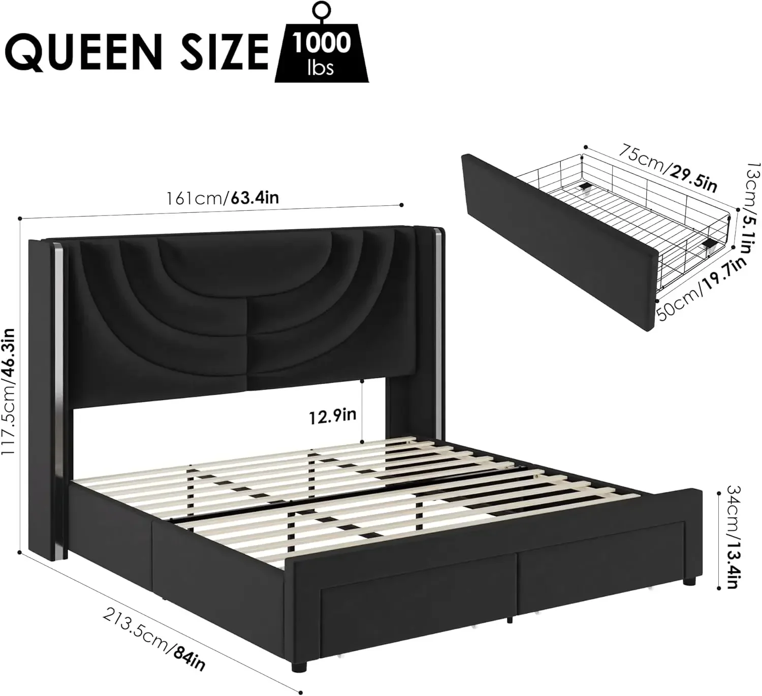 Queen Upholstered LED Bed Frame with 2 Storage Drawers, Velvet Platform Bed with Wingback Headboard, Black