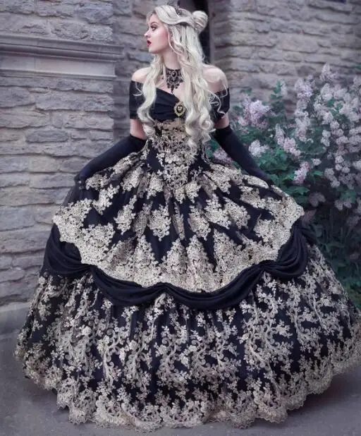 Black Gothic Wedding Dresses Ball Gown Off The Shoulder Appliques Vintage Wedding Gown Bridal Dresses Vestidos De Novia