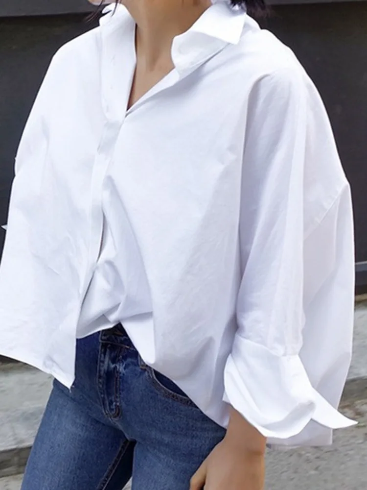 LANMREM Casual Shirt For Women Lapel Bat Sleeve Single Breasted Solid Color Loose Blouses Fashion 2024 New Clothing 2Z1705