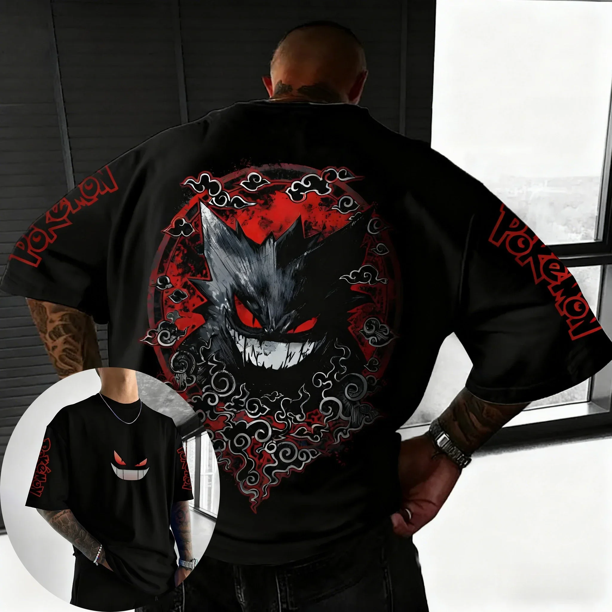 بوكيمون يده لعبة Gengar تي شيرت مطبوع 2026 الخريف والشتاء جديد Harajuku الرجال والنساء فضفاض اليومية الوالدين والطفل #4