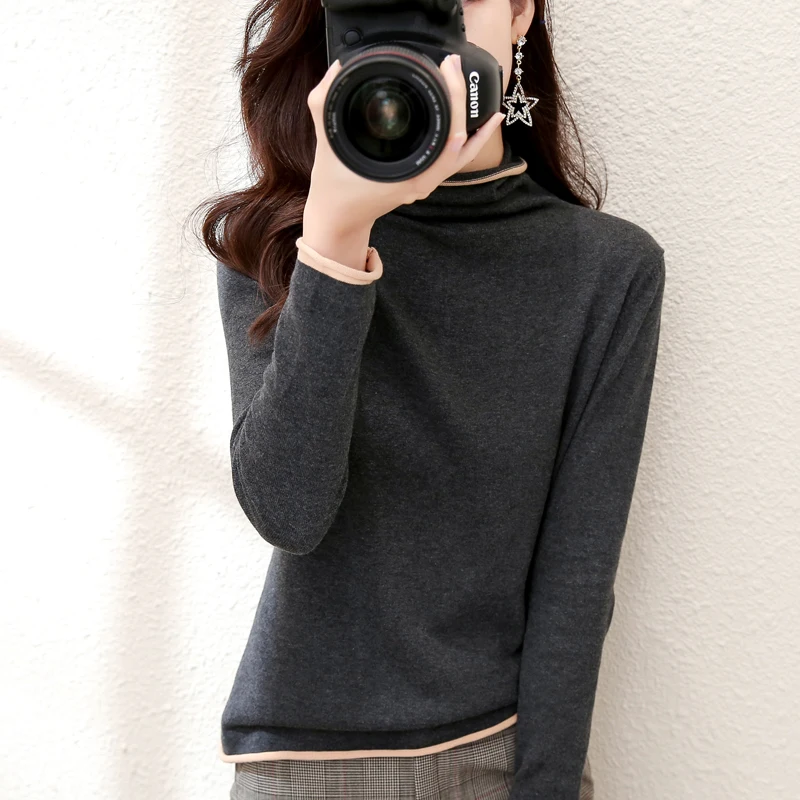 

100% Pure Cotton Thickened Long Sleeve Sweater Women's High Collar Knitted Top Autumn Winter Striped Inner Wear New Style