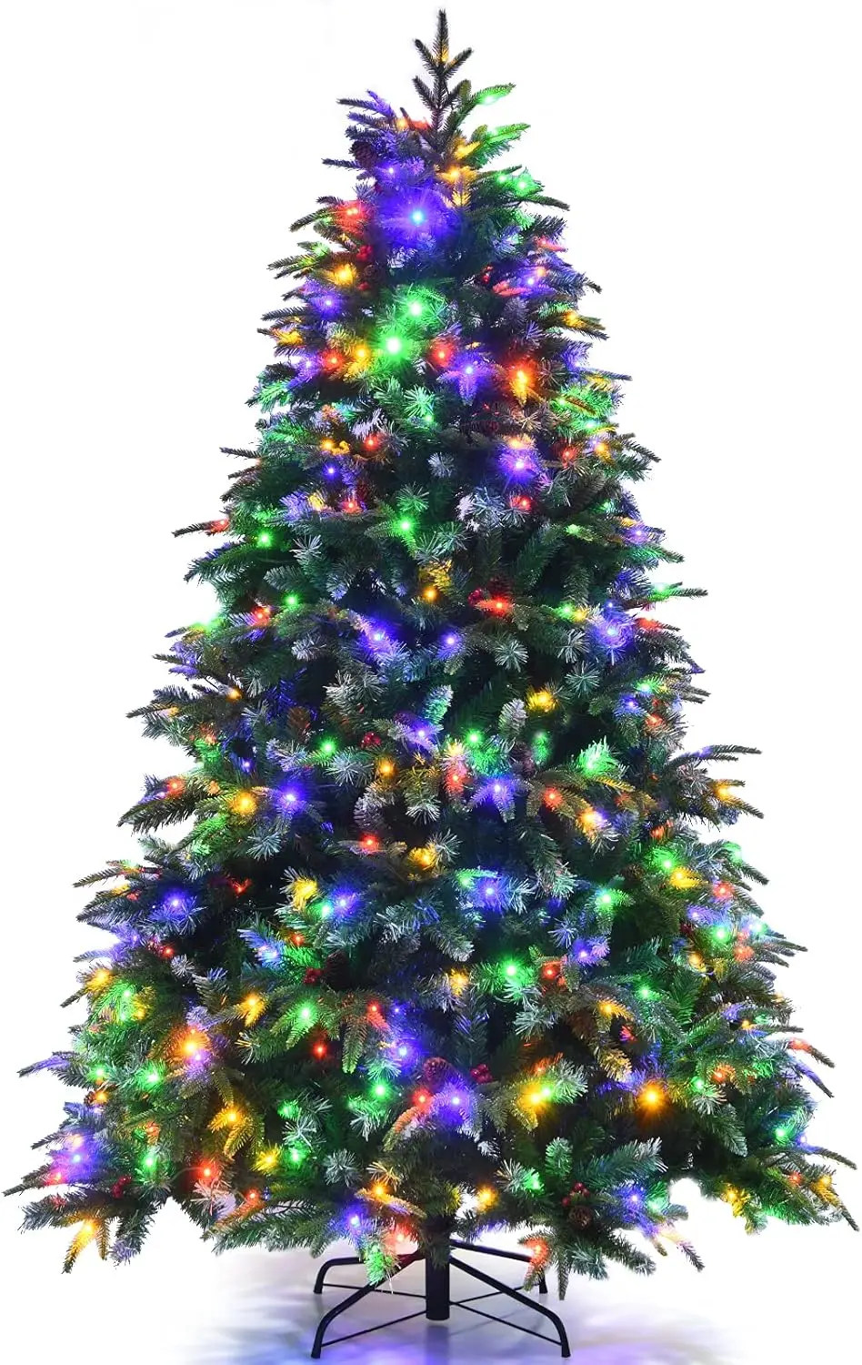 Goplus 7Ft Pre-Lit Artificial Christmas Tree, Hinged Realistic Snowy Xmas Pine Tree W/ 450 Color Changing Led Lights, 11 Flash