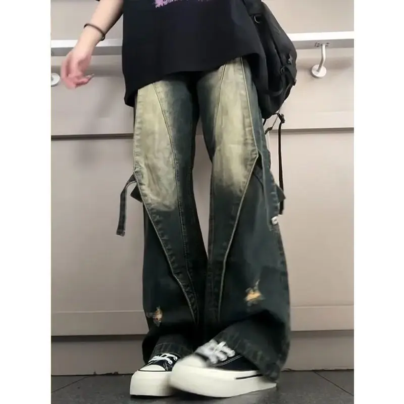 

Женские рваные джинсы, потертые, потертые, рваные, с потертым подолом, женские джинсовые модные гранж-автоматные панк-рок, готический эмо-комфорт