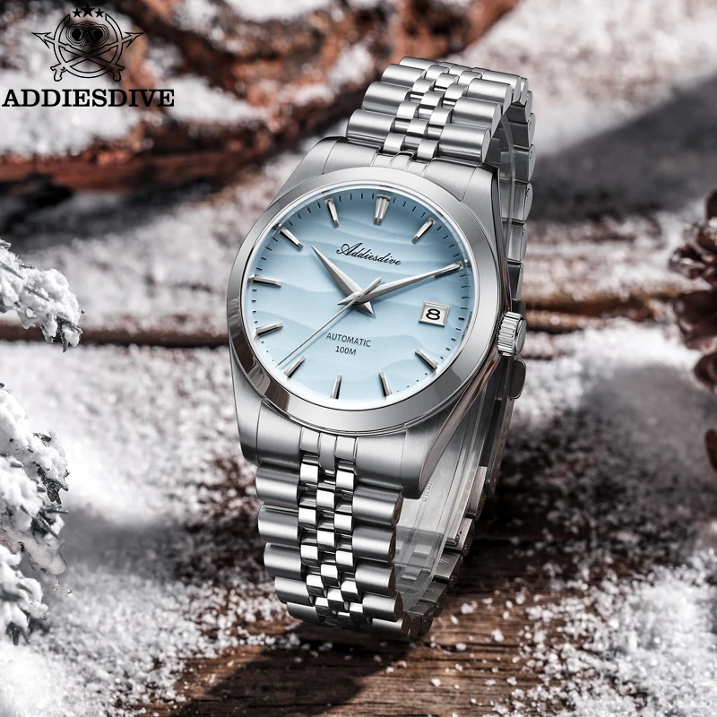 ADDIESDIVE 39mm zegarek dla par pustynna tekstura NH35A ruch 10Bar wodoodporny wyświetlacz kalendarza automatyczne zegarki mechaniczne