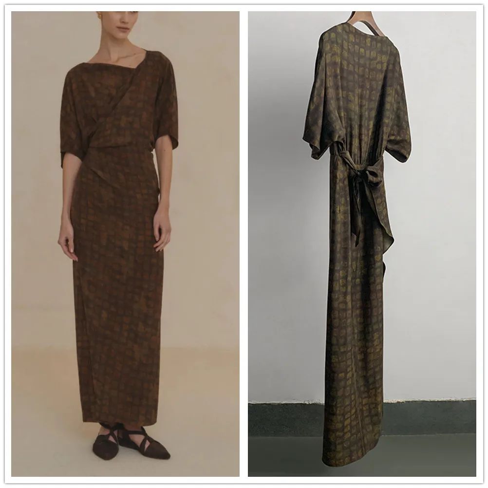 فستان كوبرو نسائي عتيق منقوش موديل 100% فستان ميدي للخصر أنيق للسيدات برقبة على شكل حرف v وأربطة وأكمام قصيرة وأردية طويلة