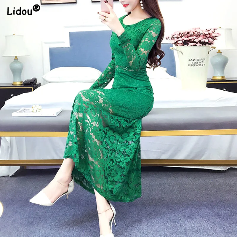 

Dresses Solid Sexy Women's Clothing 2022 Lace Round Neck Midi Skirts Skinny Pullover Spring Summer Elegant Thin Casual Fashion