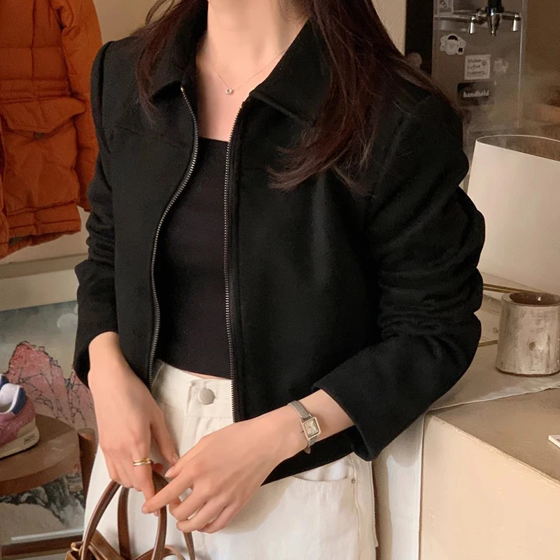 Chaqueta de manga larga corta con cremallera para mujer, ropa de abrigo hoada y versátil de terciopelo de piel sintética co...