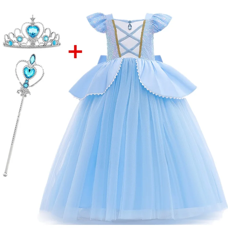 2024 New Cinderella Costume for Girls Halloween Easter Disguise Kids Cosplay Princess Dress Baby Birthday Party Sequin Mesh Gown