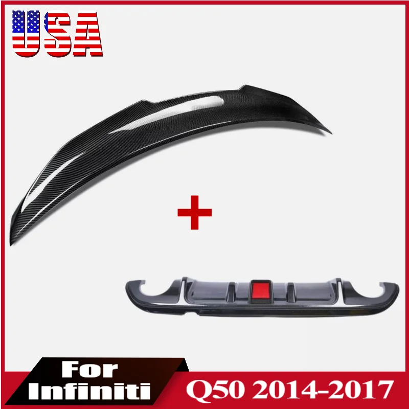 

For Infiniti Q50 2014-2017 Car Rear Diffuser Bumper Lip with LED Light + Trunk Spoiler Wing Carbon Fiber Look Car Body Kit