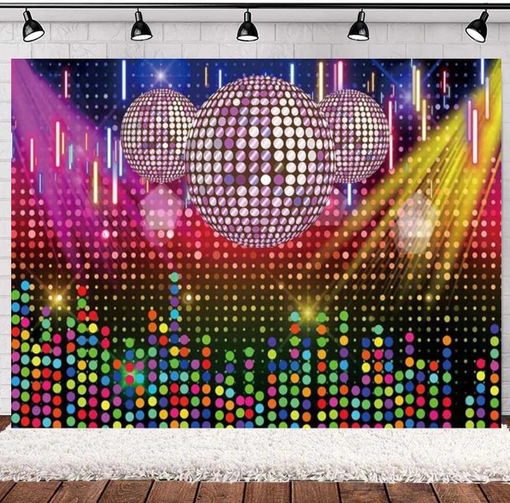 

Music Ball Photography Backdrop Shiny Disco Theme Neon Lights Crazy Background For Birthday Party Decoration Banner Poster