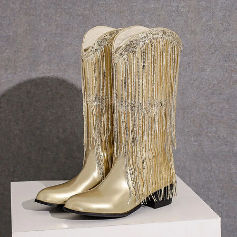 Boot Strap Tassels Fringe couro envernizado botas longas para mulheres, salto alto robusto, New Rock Goth, 2024