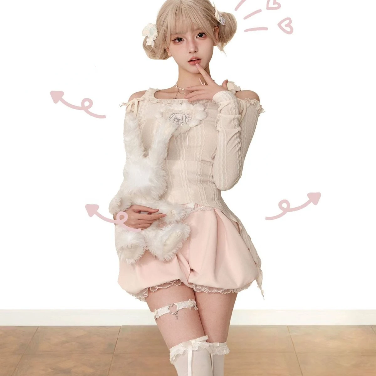 Lolita Cute 2 Piece Sets Women Spring Slim Long Sleeve Lace Sweater Blouse + Pink Short Pant Evening Party Japanese Kawaii Suits