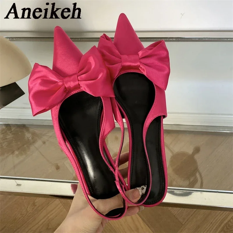 

Aneikeh/весенне-осенние женские туфли-лодочки с узлом-бабочкой, леопардовые модные элегантные туфли с острым носком и открытой пяткой для вечеринок, милые свадебные черные туфли