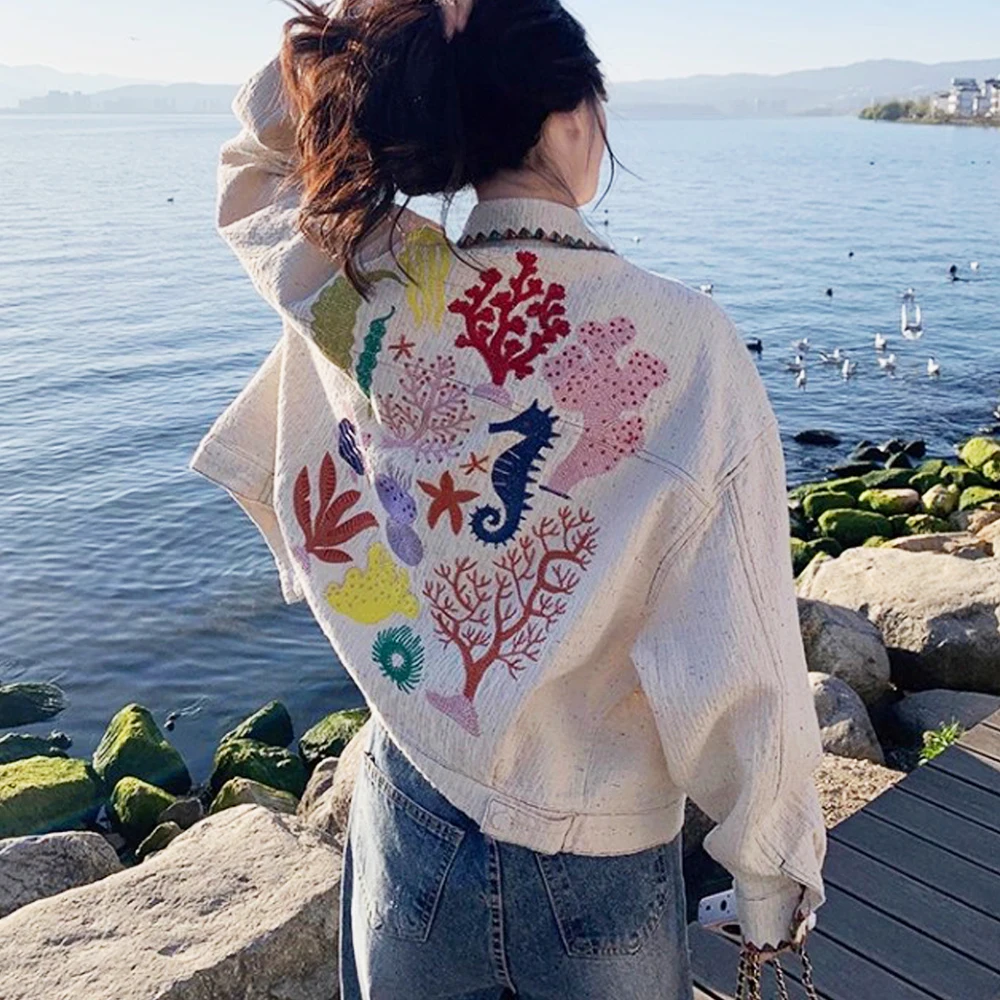 

Boho Beach Floral Embroideried Cotton Blue Denim jacket for women coats Long Sleeve Spring Autumn Jackets Outwear Casual Coat