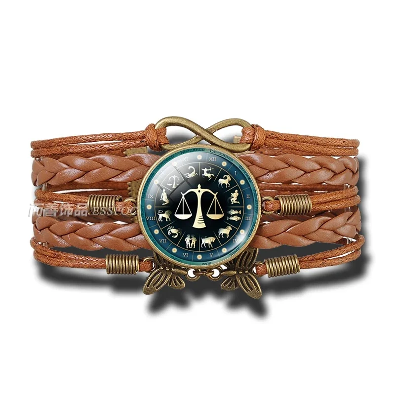 12 Constellation Aquarius Pisces Aries Zodiac Signs Round Multilayer Woven Leather Bracelet Glass Dome Pendant Man Woman Gift