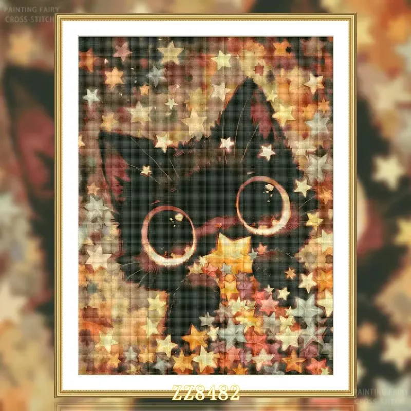 ZZ8482- Star Little Black Cat 14CT 16CT 18CT Printed On Canvas Cross Stitch DIY Set Needlework Embroidery 74 Colors