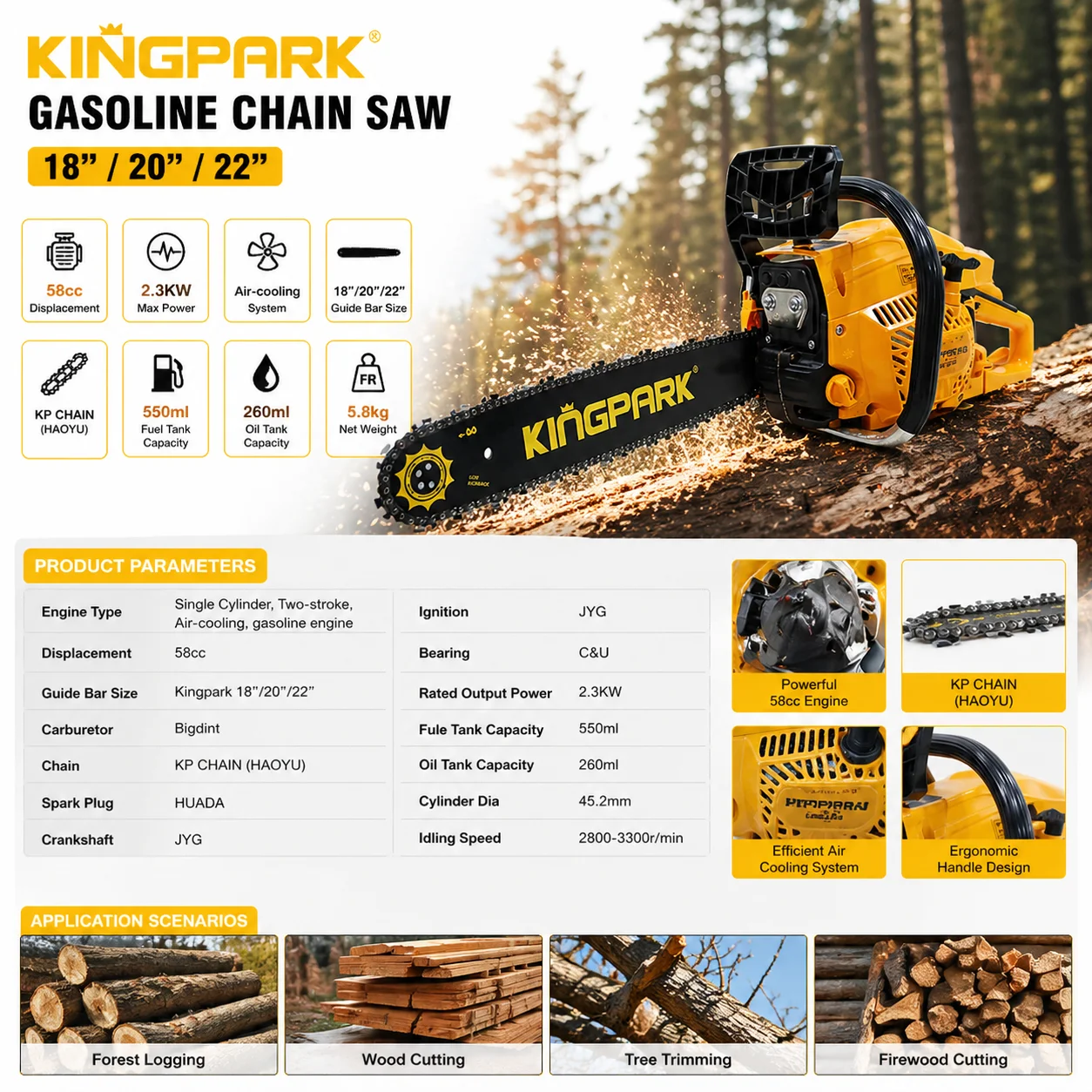 Professional Grade 58cc Petrol Chainsaw | 2.3KW Air-Cooled 2-Stroke Chain Saw High-Performance Chain Saw