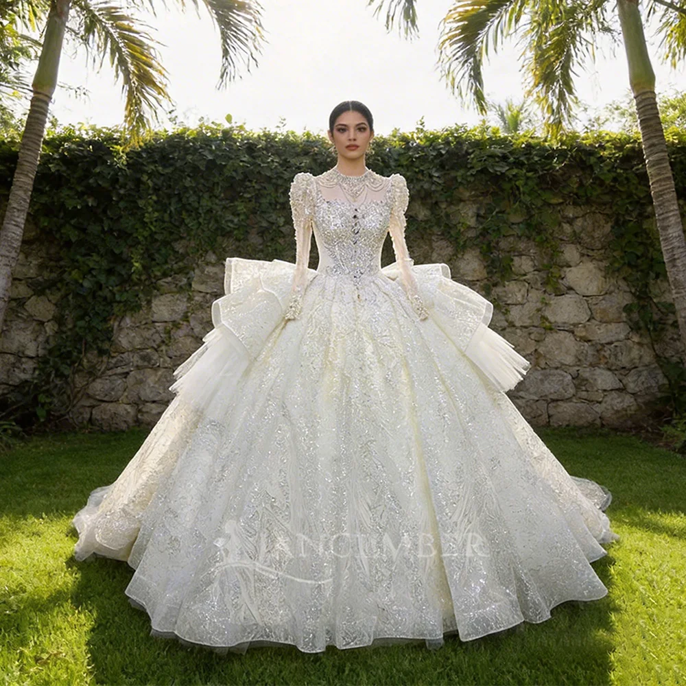 

High Neck Chic Wedding Dress Corset Women High Quality Ball Gown Customized Romantic Long Sleeves Long Bride Wear robe de mariée