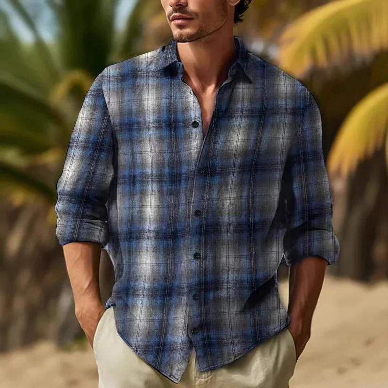 

Breathable New Yarn-Dyed Plaid Cardigan European and American Men's Daily Leisure Lapel Long Sleeve Shirt