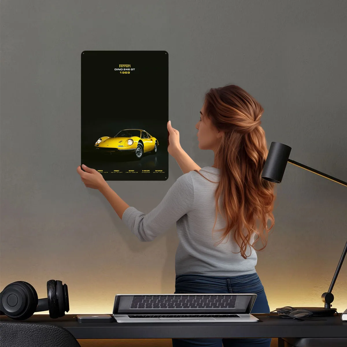 فيراري دينو 246 GT 1969 علامات معدنية ملصق سيارة ديكور غرفة جمالية للرجال علامة صفيح مخصصة لتزيين جدران الفن رجل كهف #2