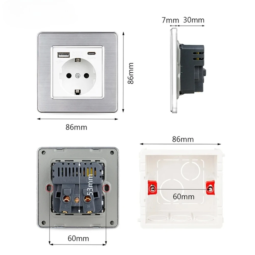 Type-C USB EU / Spain / Russia Grey Wall Power Socket Holder Stainless Steel Panel Fast Charger with Phone Outlet