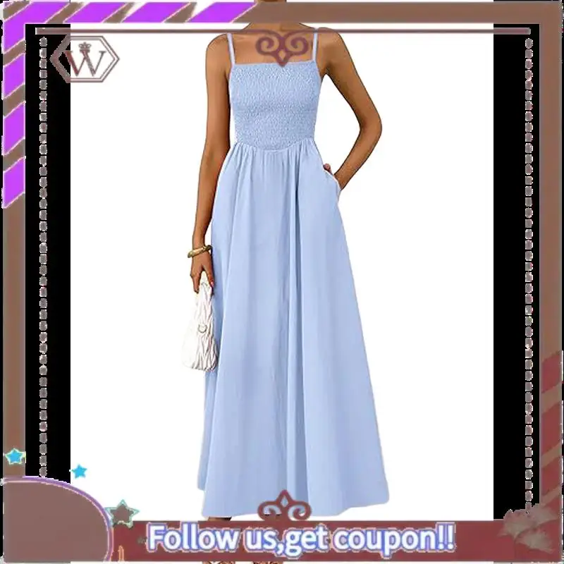 A95D-Vestidos largos de verano para mujer, vestido veraniego para la playa, vestido informal con tirantes finos y vuelo ahumado, vestido largo y fluido