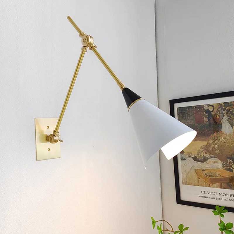Medieval, designer, folding, adjustable, brass, light luxury, long arm, wall lamp