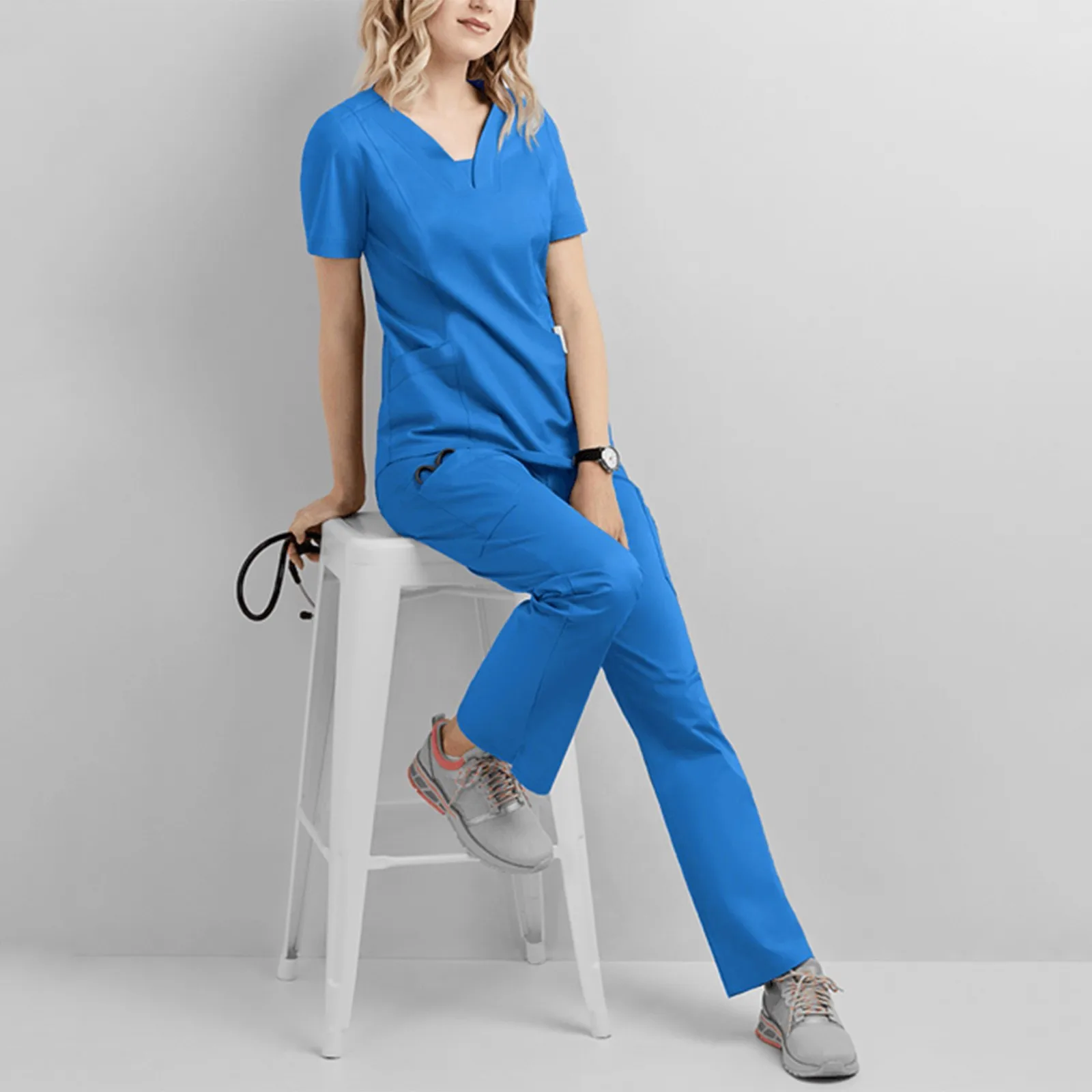 Female Short Sleeve V-neck With Pocket Nursing Clothing Solid Color Comfortable Scrubs Uniforms Woman Care Workers T-shirt Tops