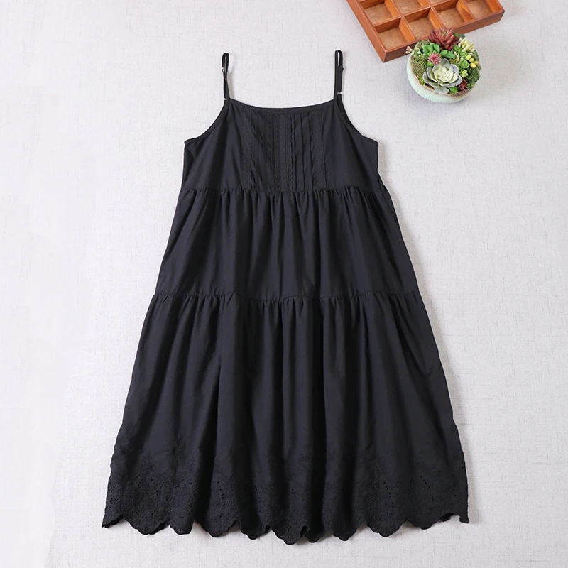 Japanese Sweet Mori Girl Embroidery Spaghetti Strap Slip Dress Women Summer Solid Color Cotton A-line Underdress Tank Dresses