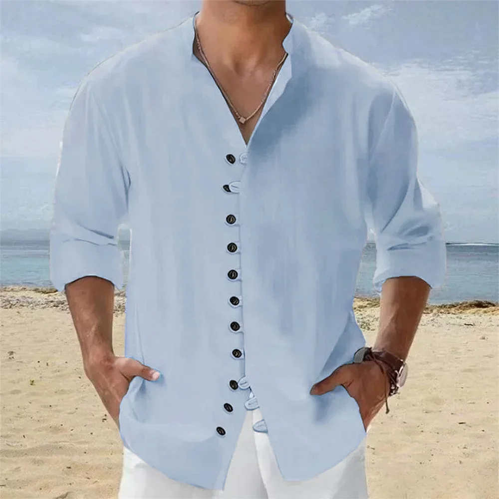 

Long Sleeve Shirt for Men Cotton Linen Henley Neck Single Breasted Stylish Fashion Button Tops Casual Shirts Male Dailywear
