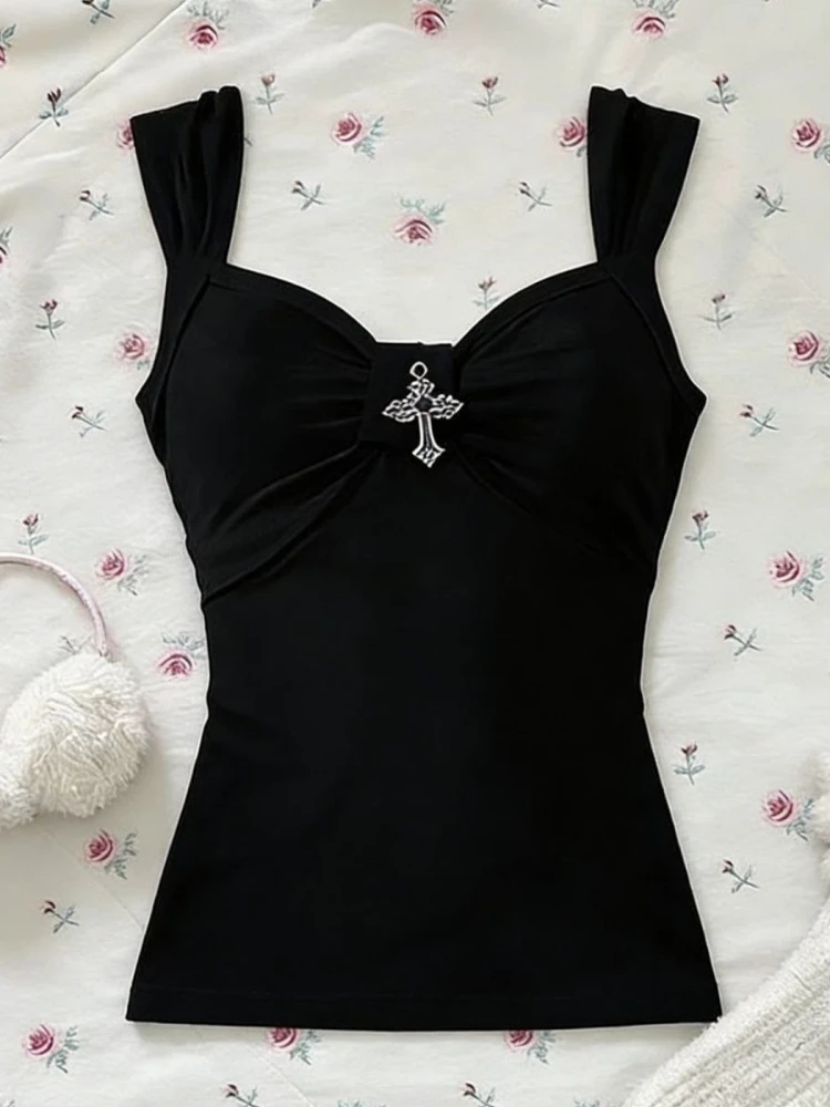 

Готический укороченный топ-камизол в стиле Y2K, облегающий, черный, с завязками, для женщин, винтажная одежда в стиле субкультуры, большие размеры