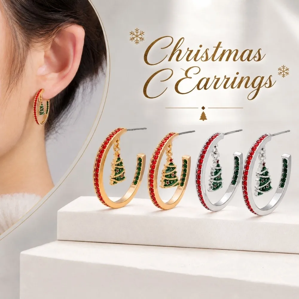 Luxury Style Christmas C Earrings Gorgeous Appearance Durable Alloy Winter Hoop Jewelry Lightweight Shiny Crystals