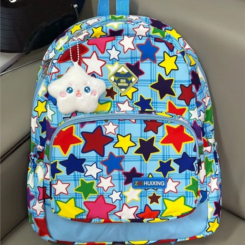 

Y2K Harajuku Star Backpack Girls Dopamine Plaid Patchwork Large Capacity Daypack Women Sweet Cute Versatile Mochilas Mujer Chic