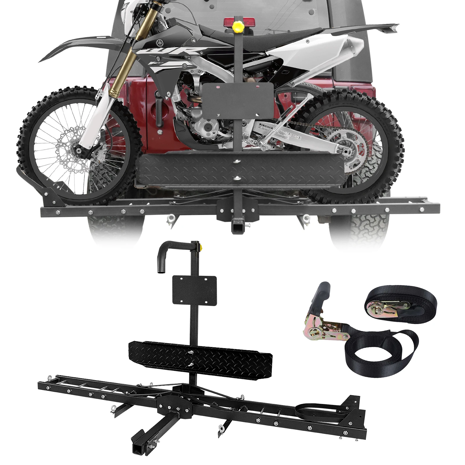 

Motorcycle Carrier Hitch Mount Dirt Bike Rack 2-inch Trailer Scooter Hauler Ramp Front Wheel Stabilizer