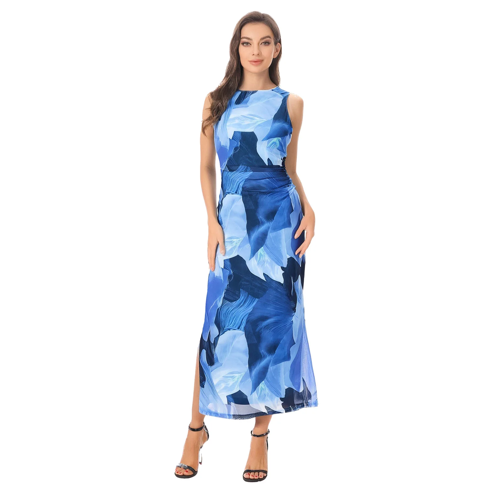 

Women Ladies Tied-dyed Floral Print Long Dress Sleeveless Side Ruched Slit Bodycon Tank Dress Cheongsam Silhouette Maxi Dress