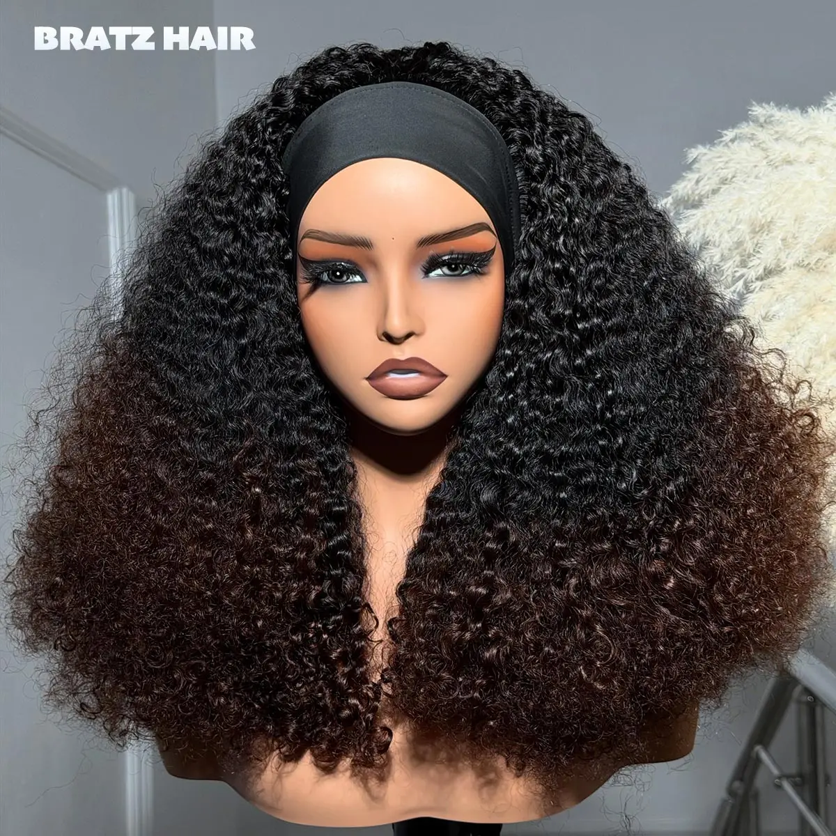 450 Density Ombre Brown Headband Wigs Human Hair Deep Curly Glueless Headband Wigs for Black Woman No Lace Wig Wear and Go