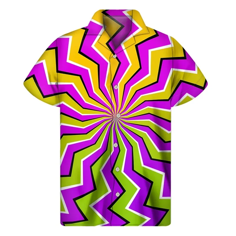 3D Print Colorful Dizzy Moving Optical Illusion Pattern Hawaii Shirts Mens Short Sleeve Plus Size Beach Shirts Blouse Clothes