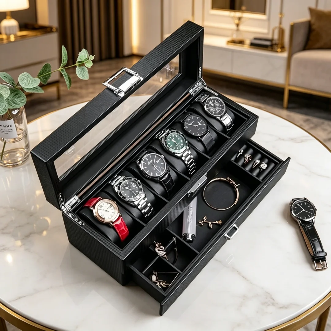 Nouvelle boîte à montres en bois à 2 niveaux avec tiroir, vitrine de présentation avec couvercle transparent, organisateur pour boucles d'oreilles, bijoux, colliers, coffret cadeau.