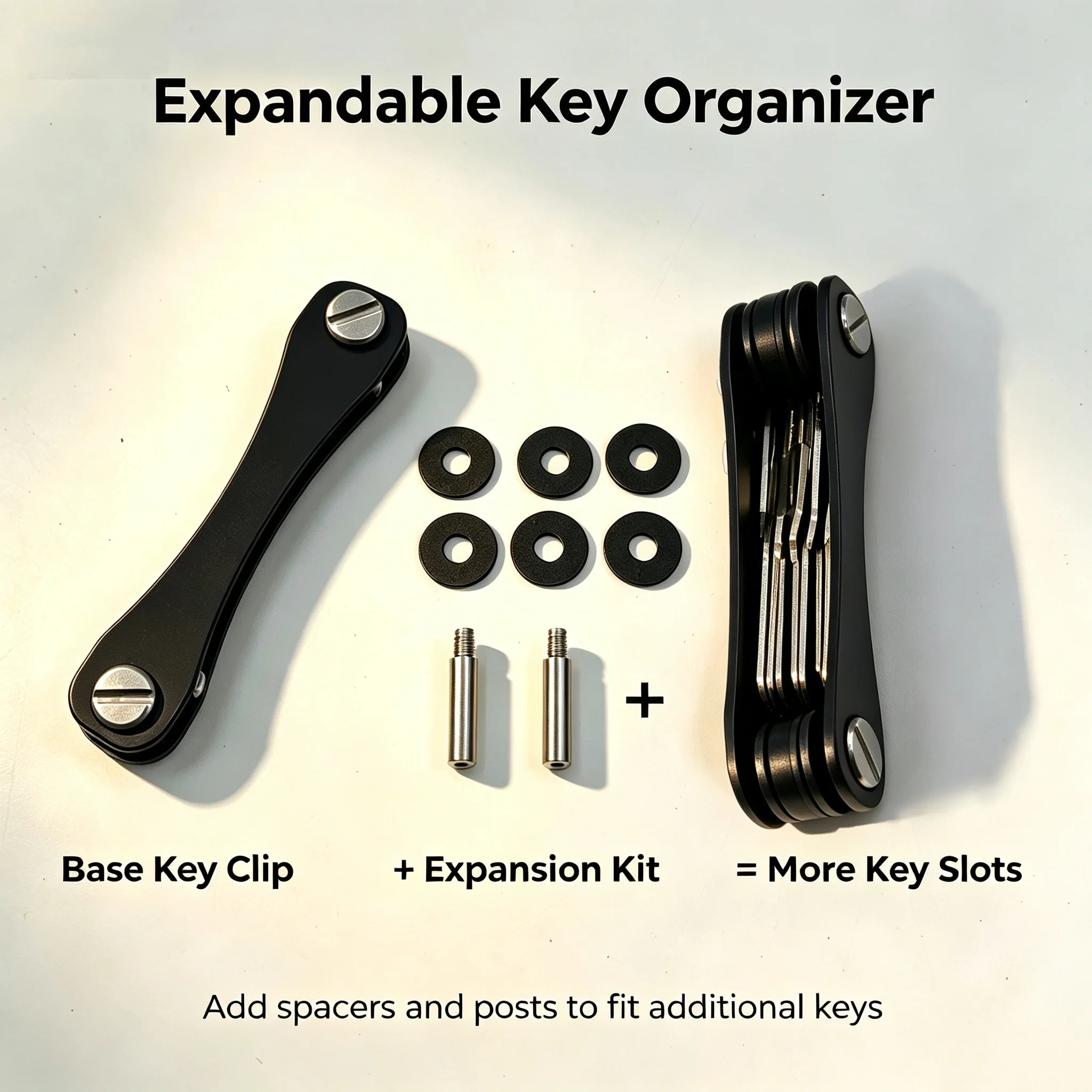Expandable aluminum key organizer with extension kit, ultra-thin portable key holder, unisex silent compact key clip, accommodat