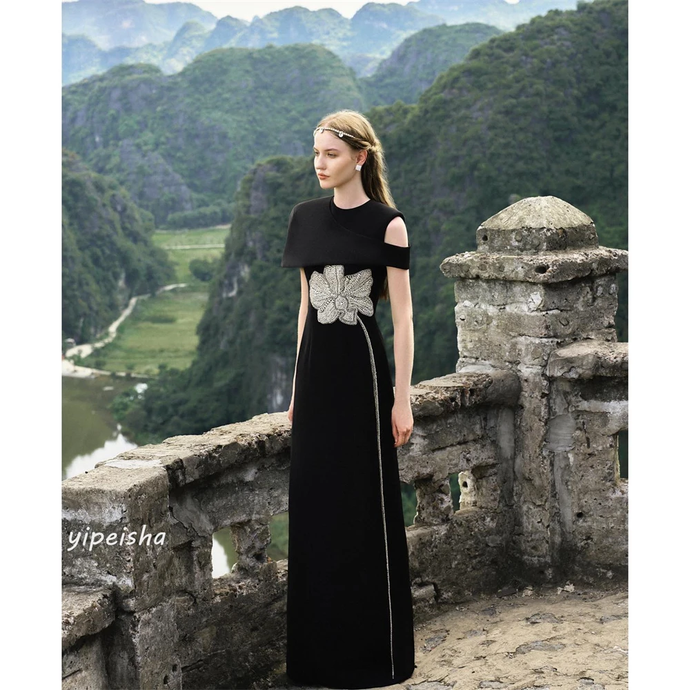 Customized Jersey Flower Sequined Beading Ruched Celebrity A-line High Collar Bespoke Occasion Gown Long Dresses