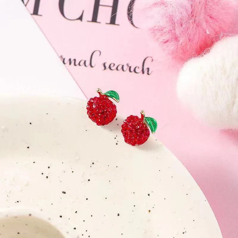 Wholesale New Design Crystal Red Heart Stud Earrings for Women Fashion Brand Jewelry Cherry Fruit Earrings Accessories