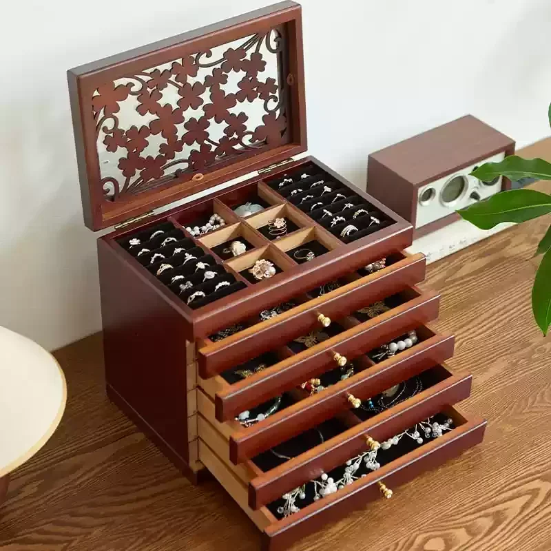 Solid wood jewelry box wooden storage retro multi-layer drawer large capacity