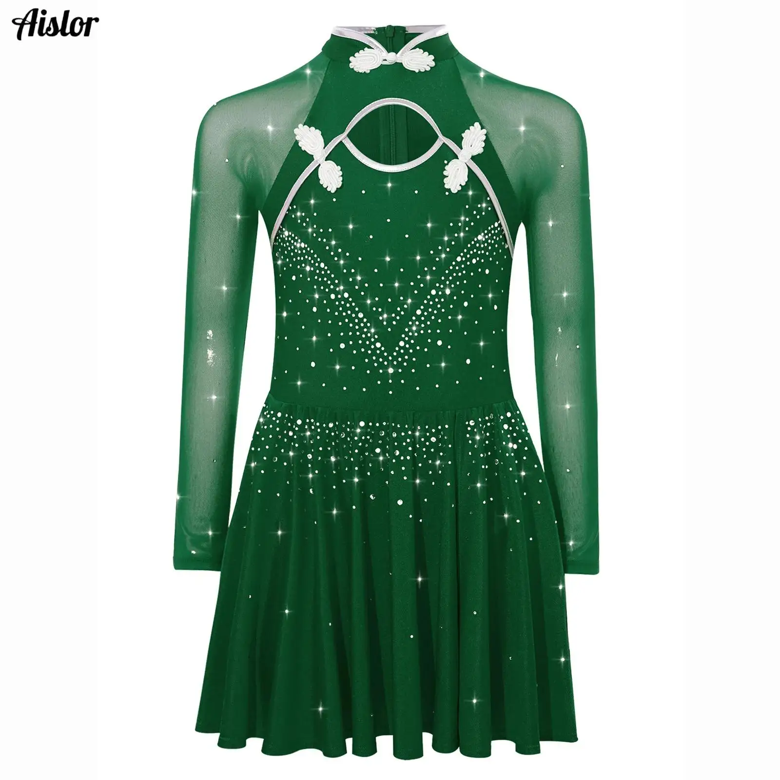 

Kids Girls Lyrical Dance Dresses Knot Button Mandarin Collar Sheer Mesh Long Sleeves Shiny Rhinestones Side Split Ballet Dress