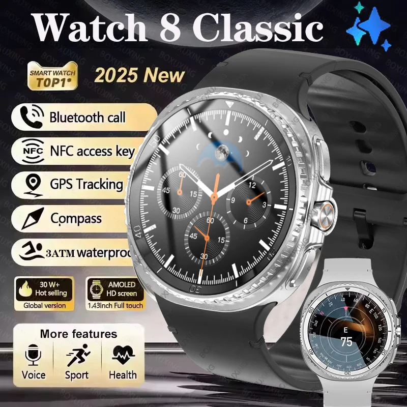 

2025 Новинка для Android Watch 8 Классические Смарт-часы Мужчины GPS NFC Bluetooth вызов 47 мм AMOLED Фитнес Спортивный трекер Здоровье Смарт-часы