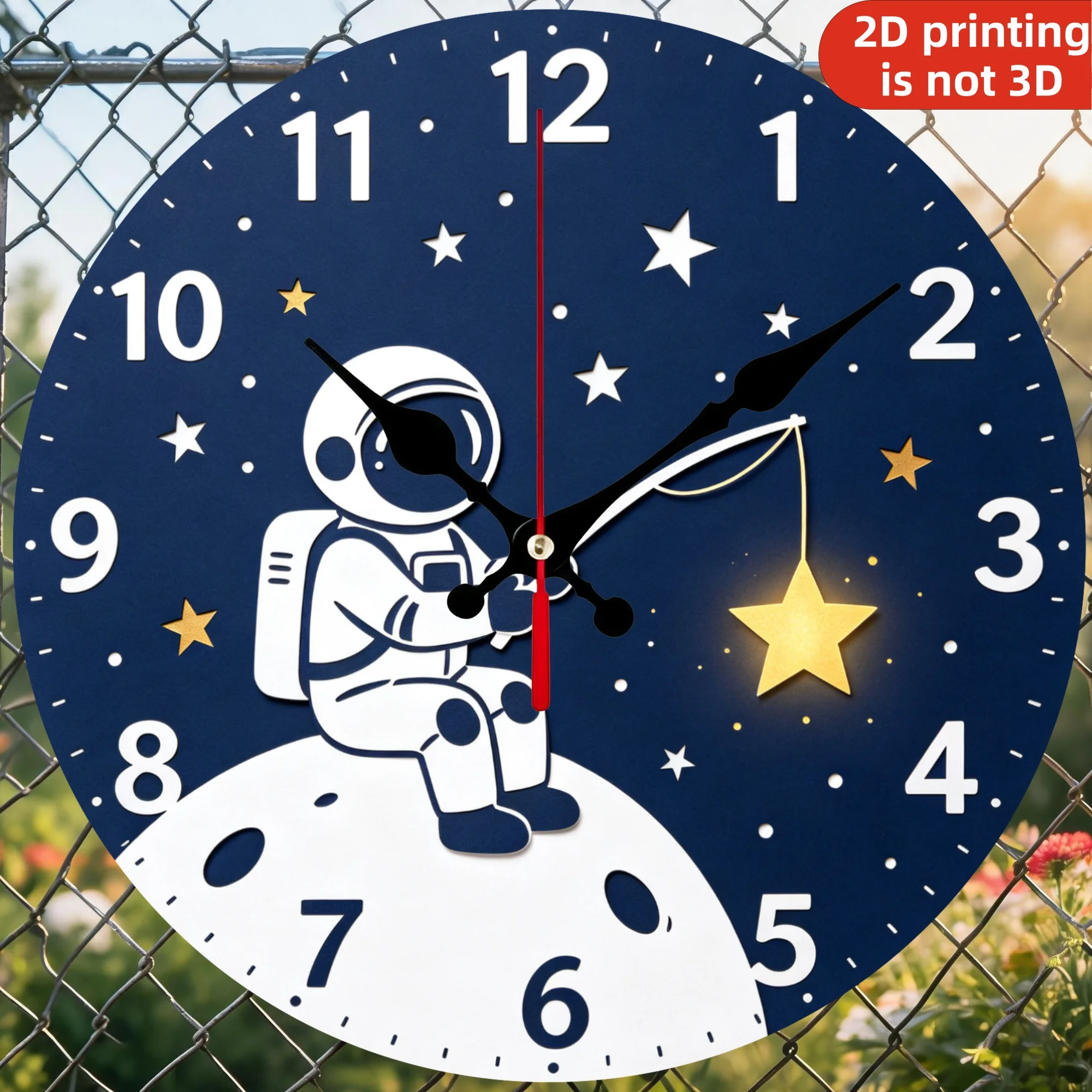 Cartoon Astronaut Fishing Star Wooden Wall Clock, 10/12 Inch Round Wood Clock, Silent Non Ticking Quartz Movement, Nursery Spaceman Night Sky Printed Home Decor
