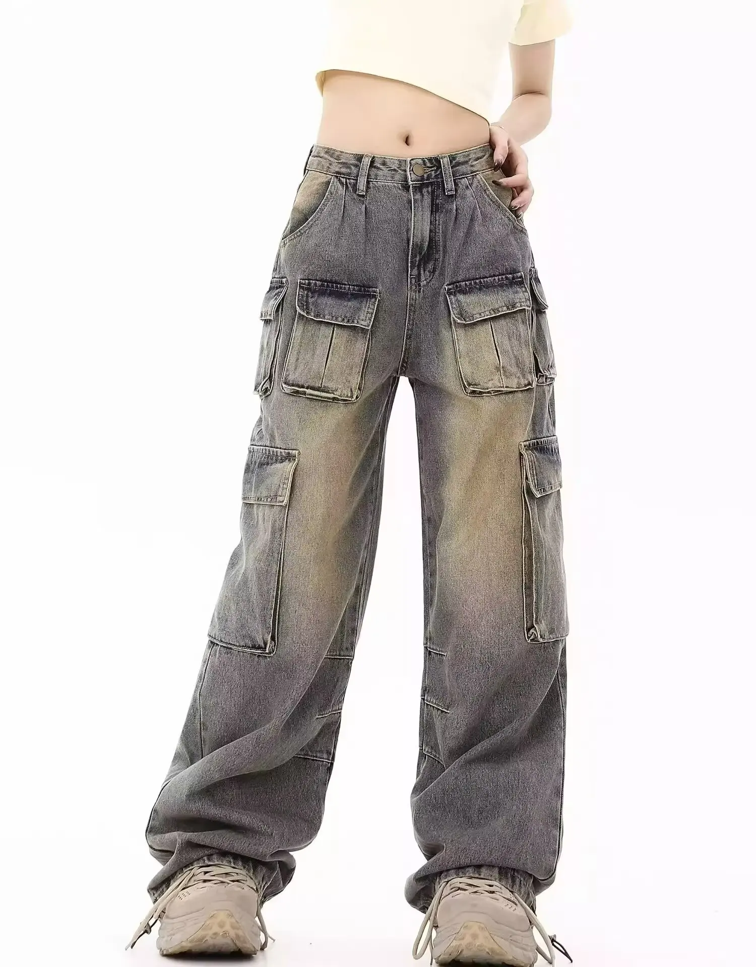 

Джинсовые брюки с несколькими карманами, женские свободные широкие брюки y2k, мешковатые потертые джинсы с несколькими карманами, уличные брюки-карго