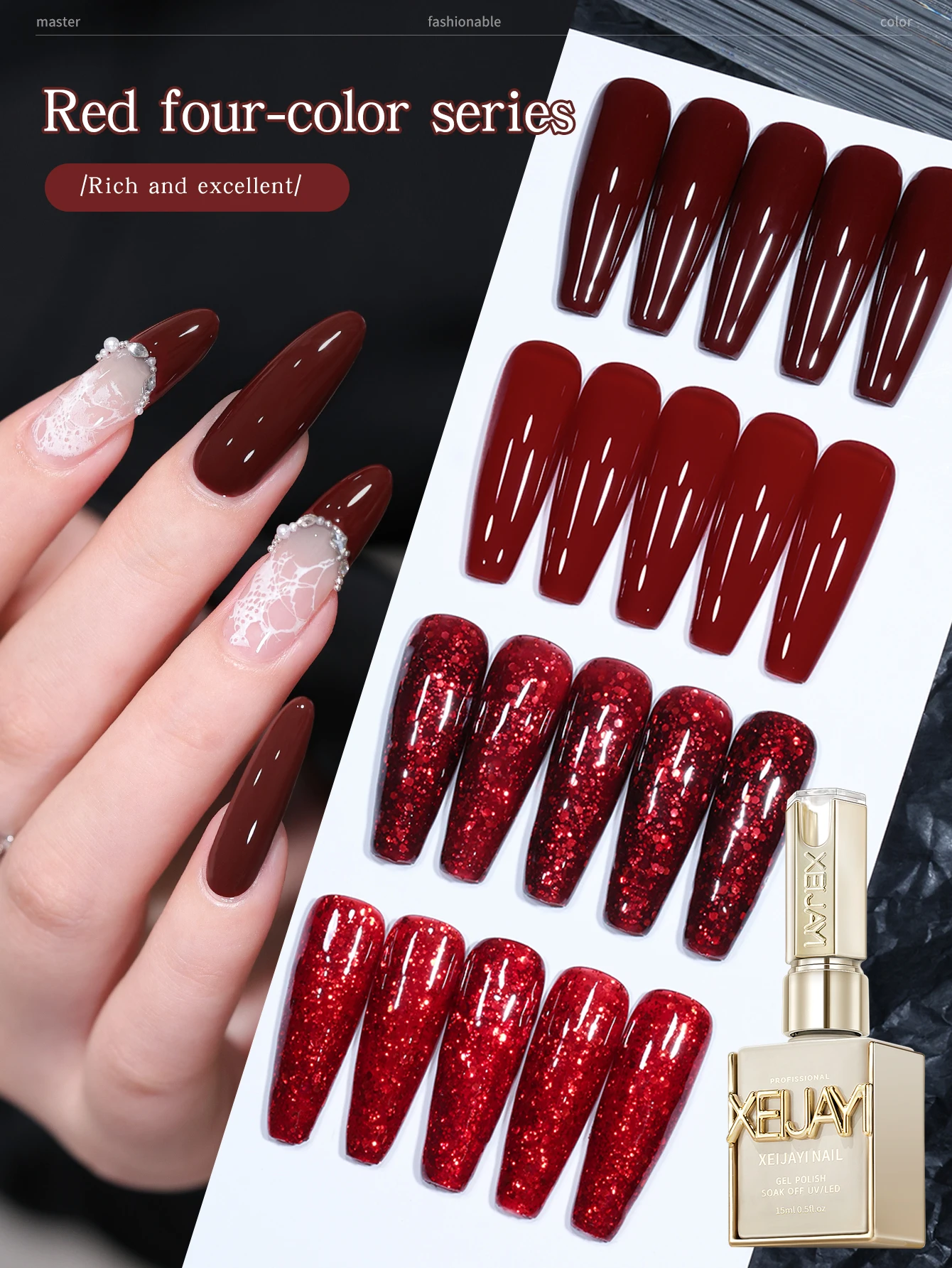 

XEIJAYI 4PCS 15ml Broken diamond red Glitter Nail Gel, UV LED Soaking Nail Polish, Semi-Permanent, Lead-Free, Unscented Gel