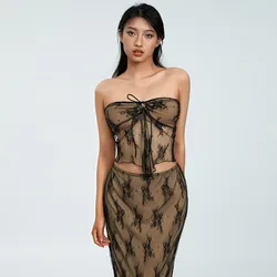 WPNAKS Women Lace 2 Piece Skirts Sets Summer Clothes Strapless Drawstring Lace Tube Tops and Long Skirt Set Sexy Club